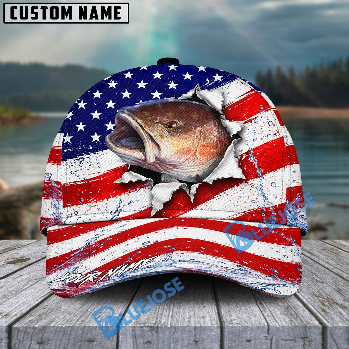 BlueJose Fishing Patriotic Flag Water Splash Personalized Cap (13 Breeds)