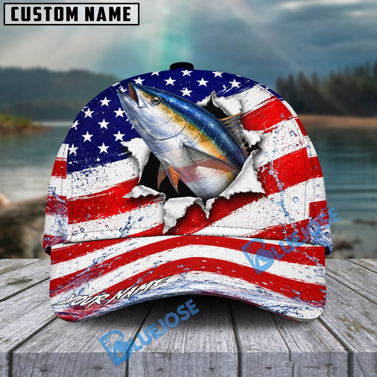 BlueJose Fishing Patriotic Flag Water Splash Personalized Cap (13 Breeds)