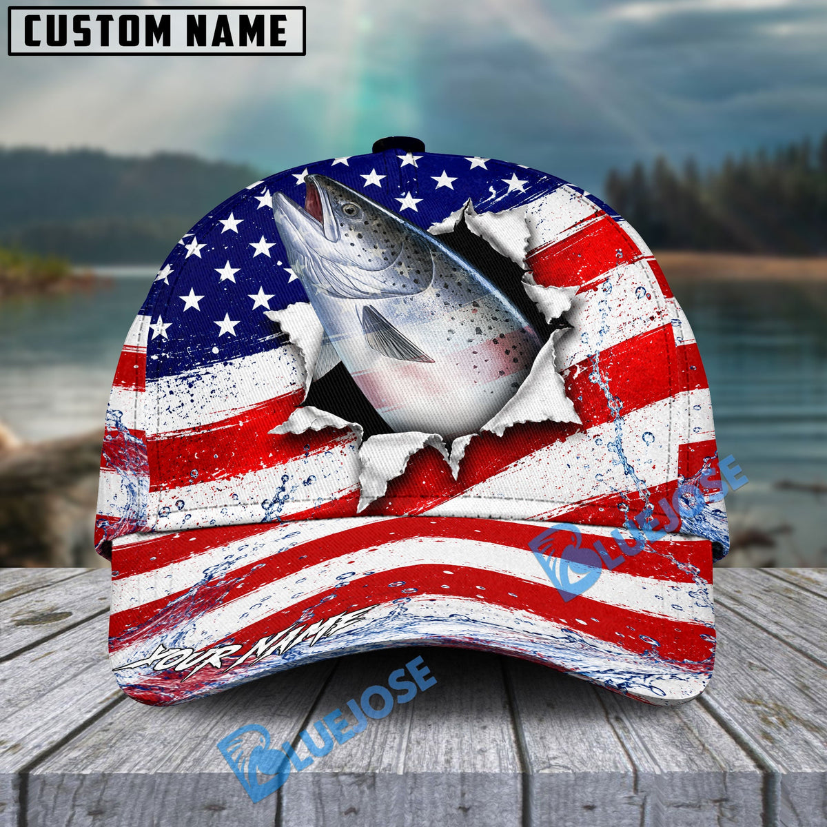 BlueJose Fishing Patriotic Flag Water Splash Personalized Cap (13 Breeds)