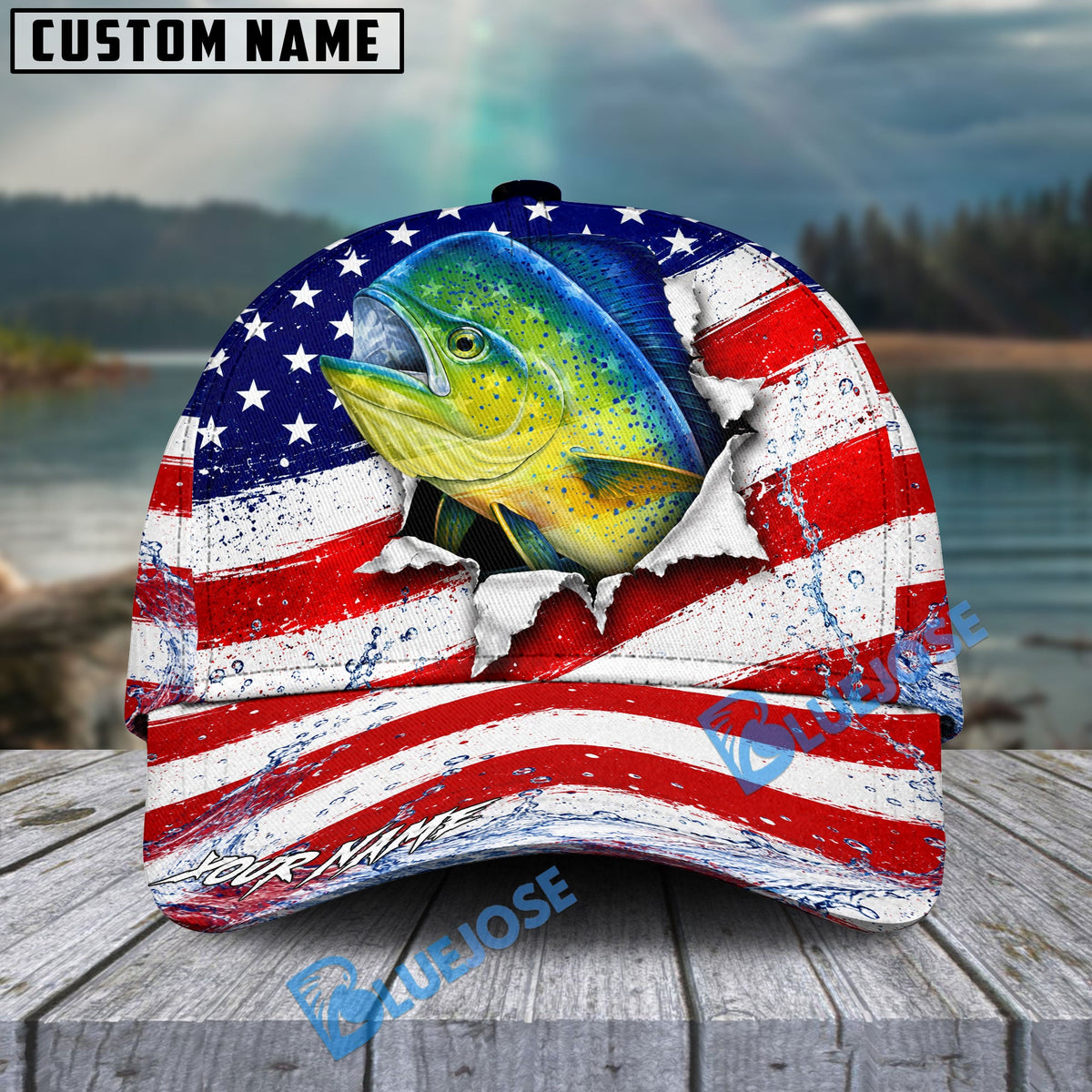 BlueJose Fishing Patriotic Flag Water Splash Personalized Cap (13 Breeds)