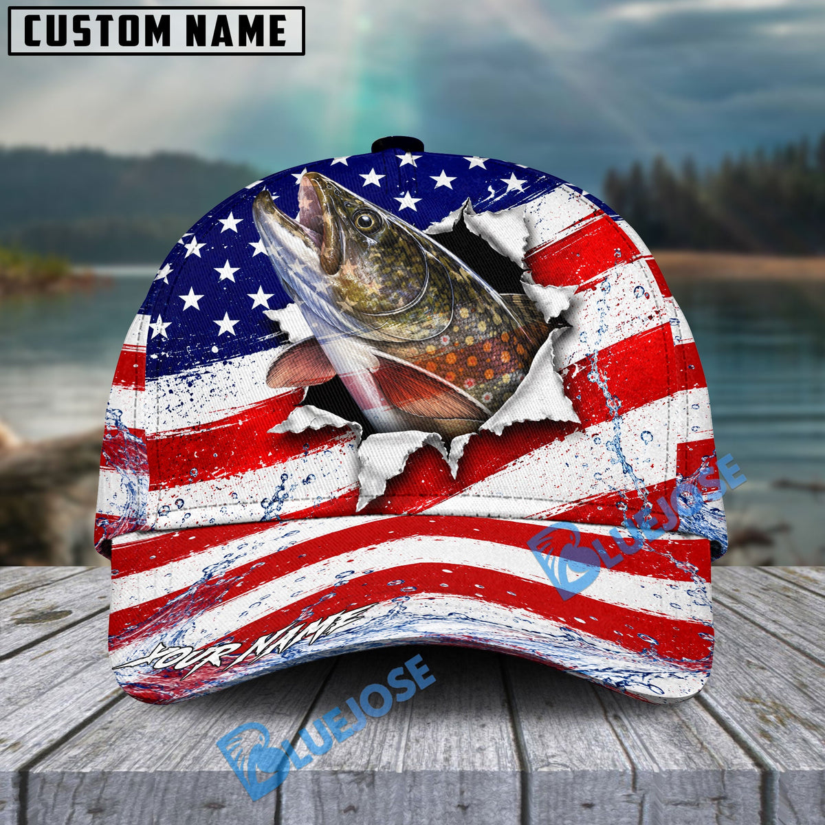 BlueJose Fishing Patriotic Flag Water Splash Personalized Cap (13 Breeds)