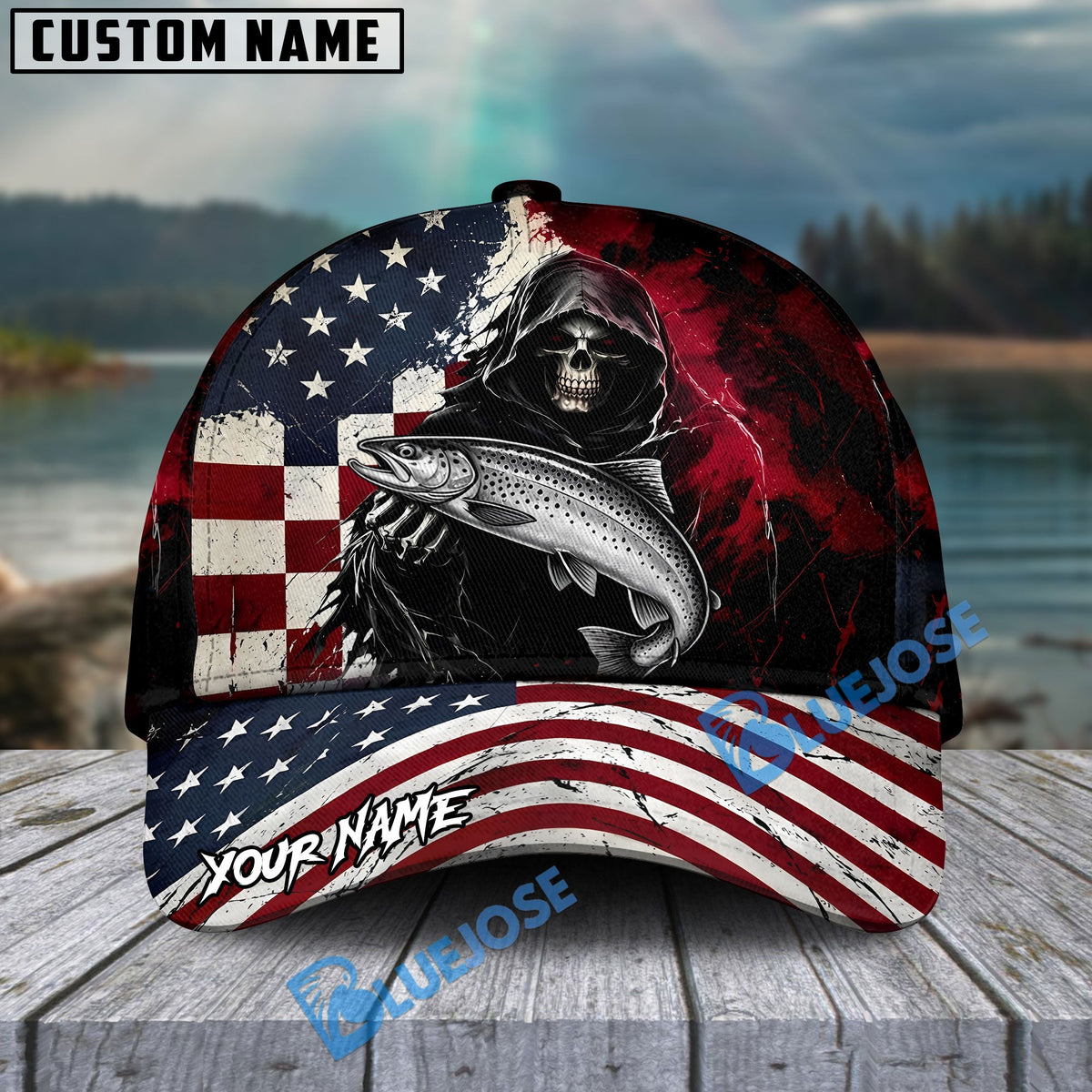 BlueJose Fishing Grunge American Flag Reaper Personalized Cap (13 Breeds)