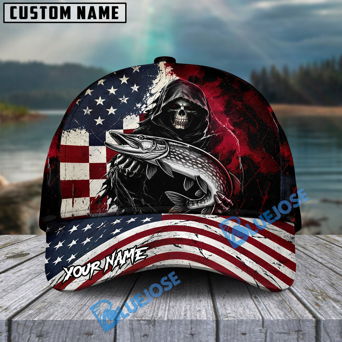 BlueJose Fishing Grunge American Flag Reaper Personalized Cap (13 Breeds)