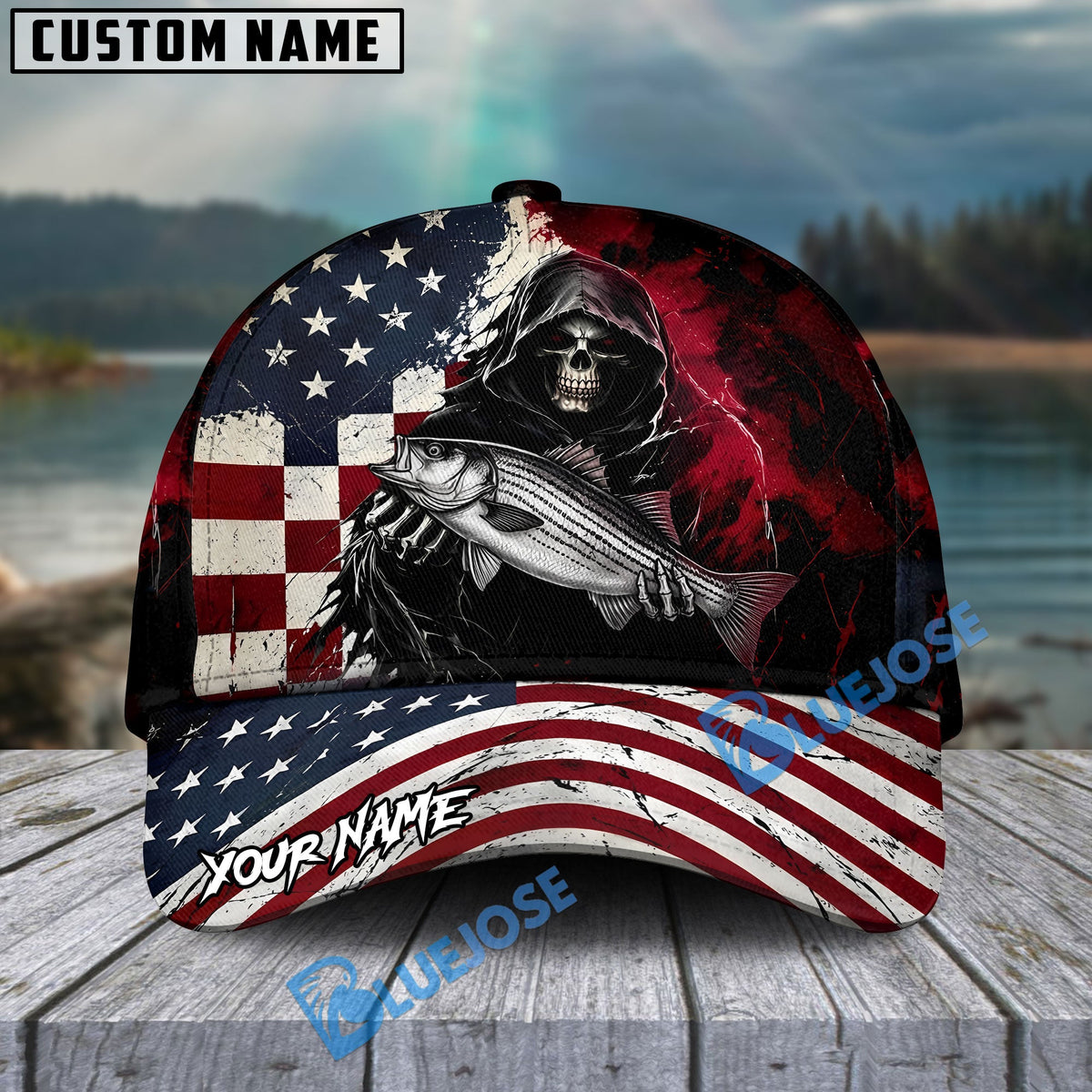 BlueJose Fishing Grunge American Flag Reaper Personalized Cap (13 Breeds)