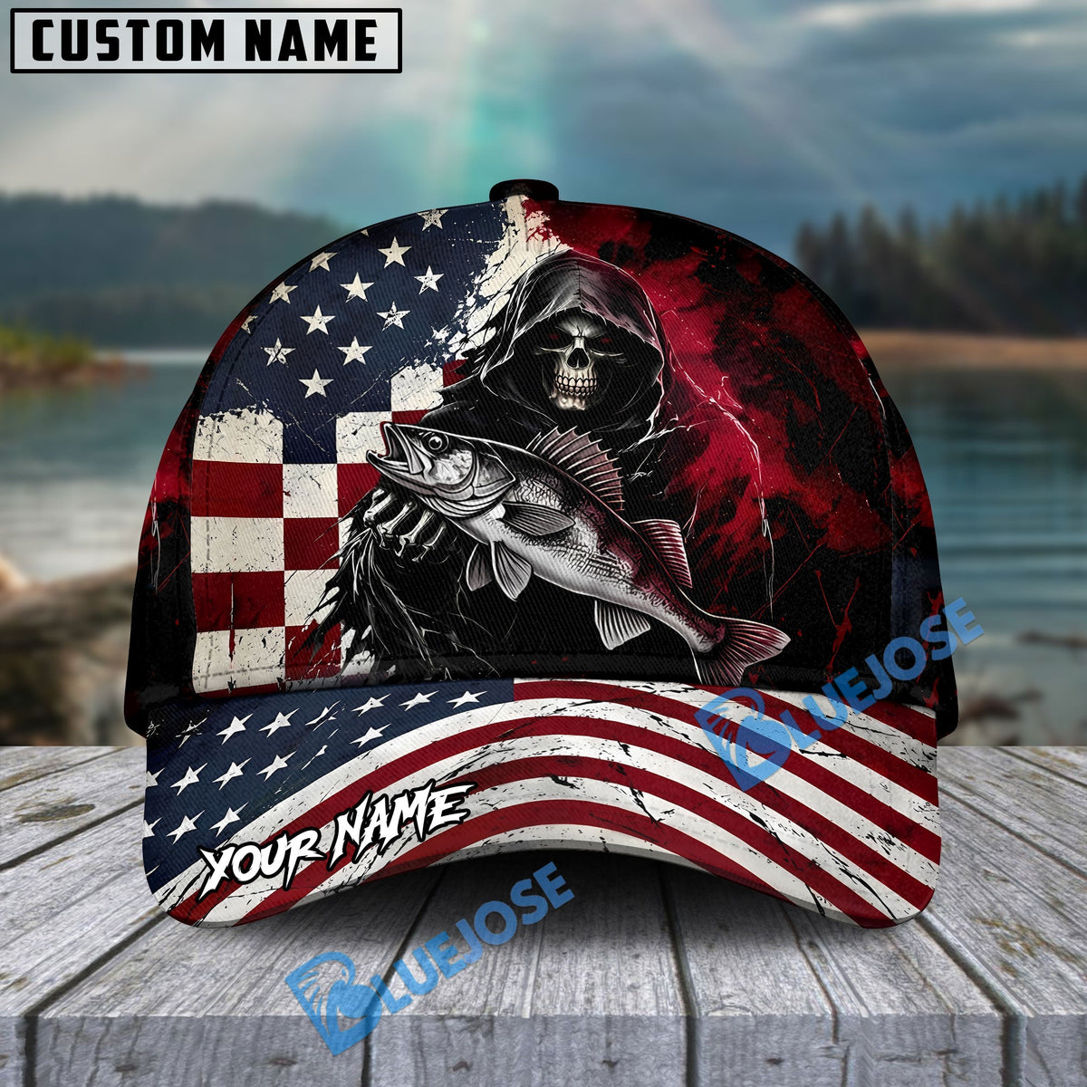 BlueJose Fishing Grunge American Flag Reaper Personalized Cap (13 Breeds)