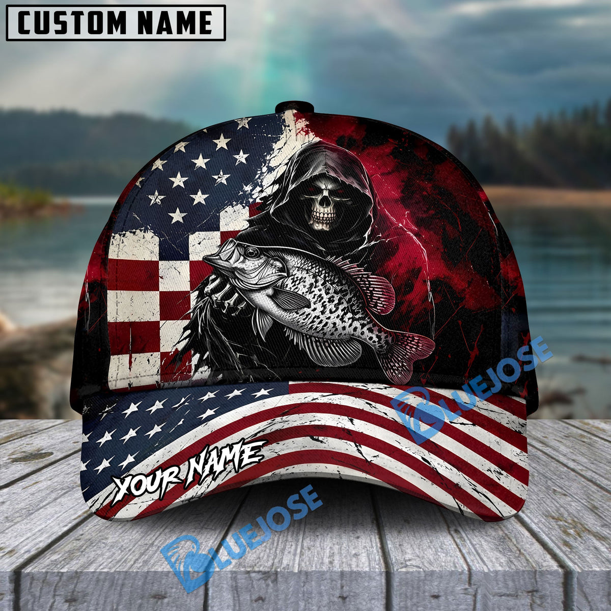 BlueJose Fishing Grunge American Flag Reaper Personalized Cap (13 Breeds)