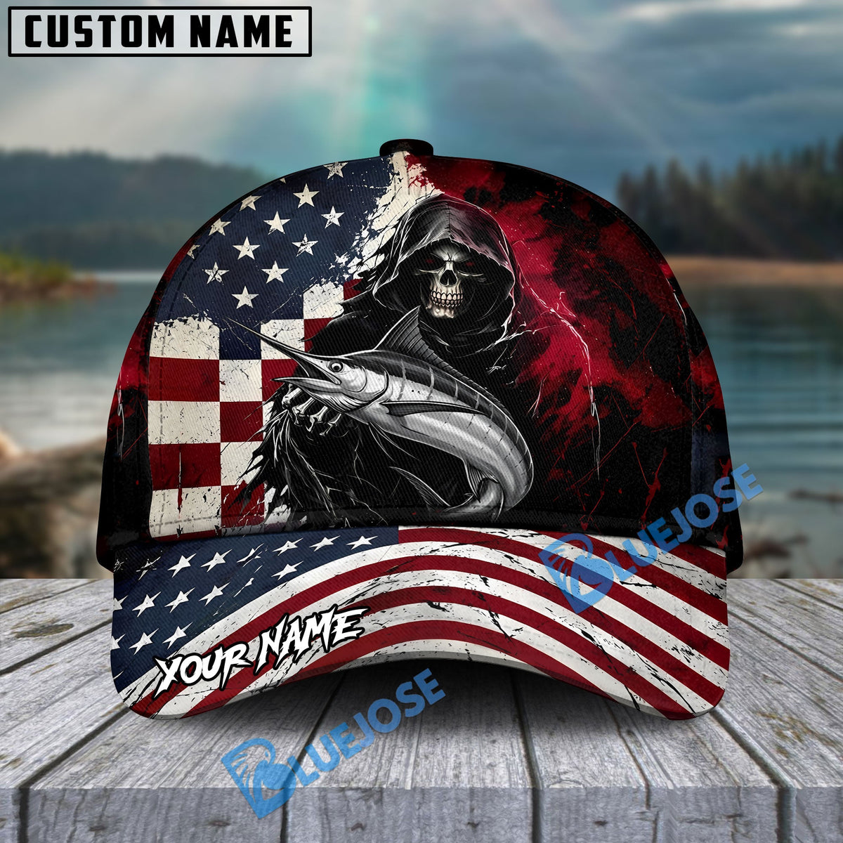 BlueJose Fishing Grunge American Flag Reaper Personalized Cap (13 Breeds)