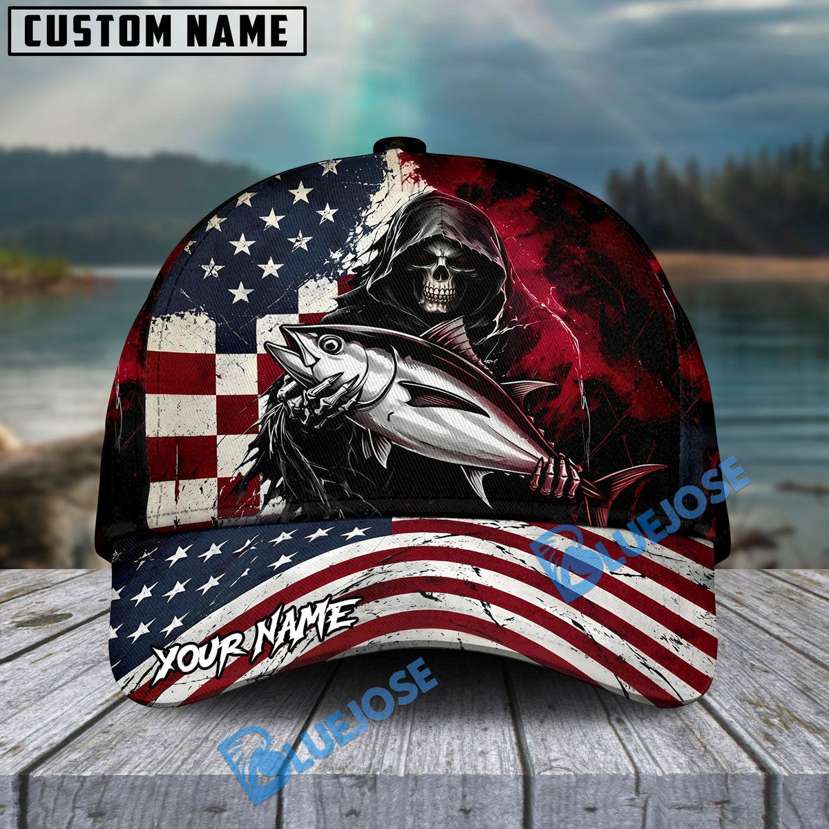 BlueJose Fishing Grunge American Flag Reaper Personalized Cap (13 Breeds)