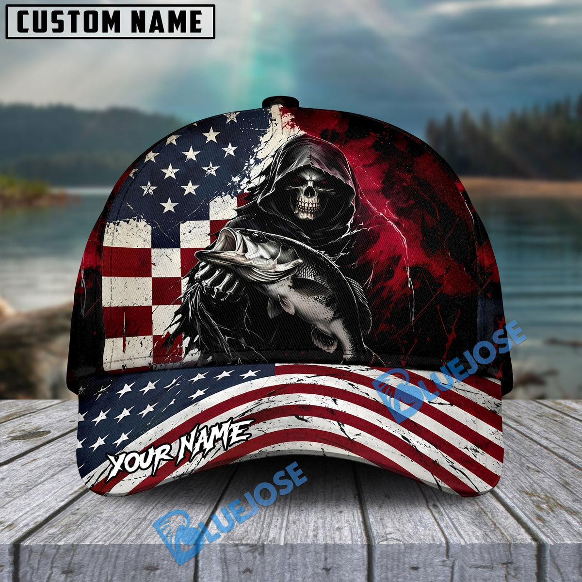 BlueJose Fishing Grunge American Flag Reaper Personalized Cap (13 Breeds)