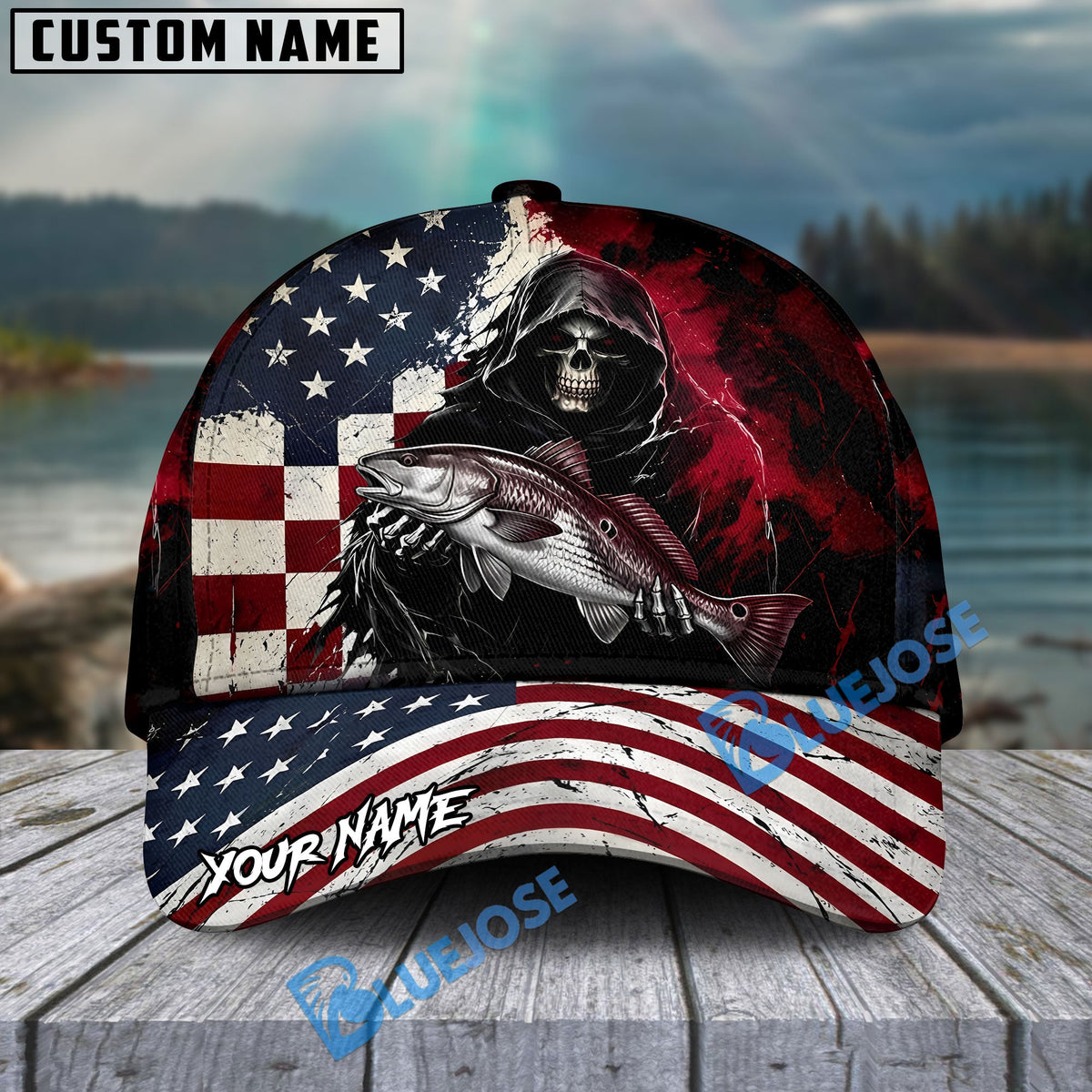 BlueJose Fishing Grunge American Flag Reaper Personalized Cap (13 Breeds)