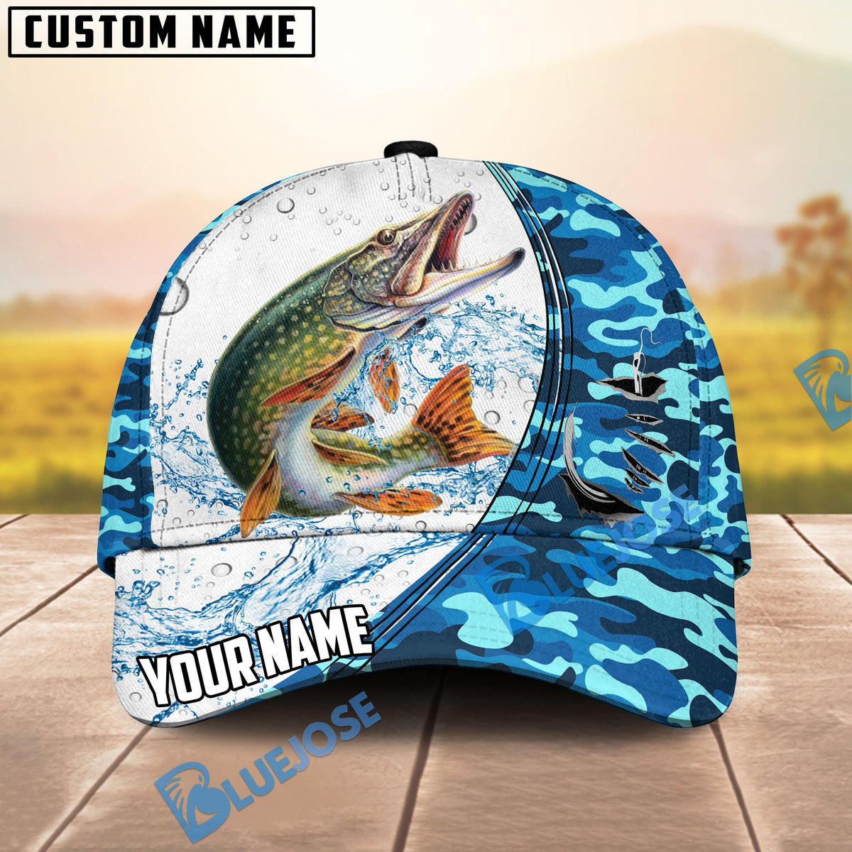 BlueJose Fishing White Blue Camo Circle Splash Personalized Cap (13 Breeds)