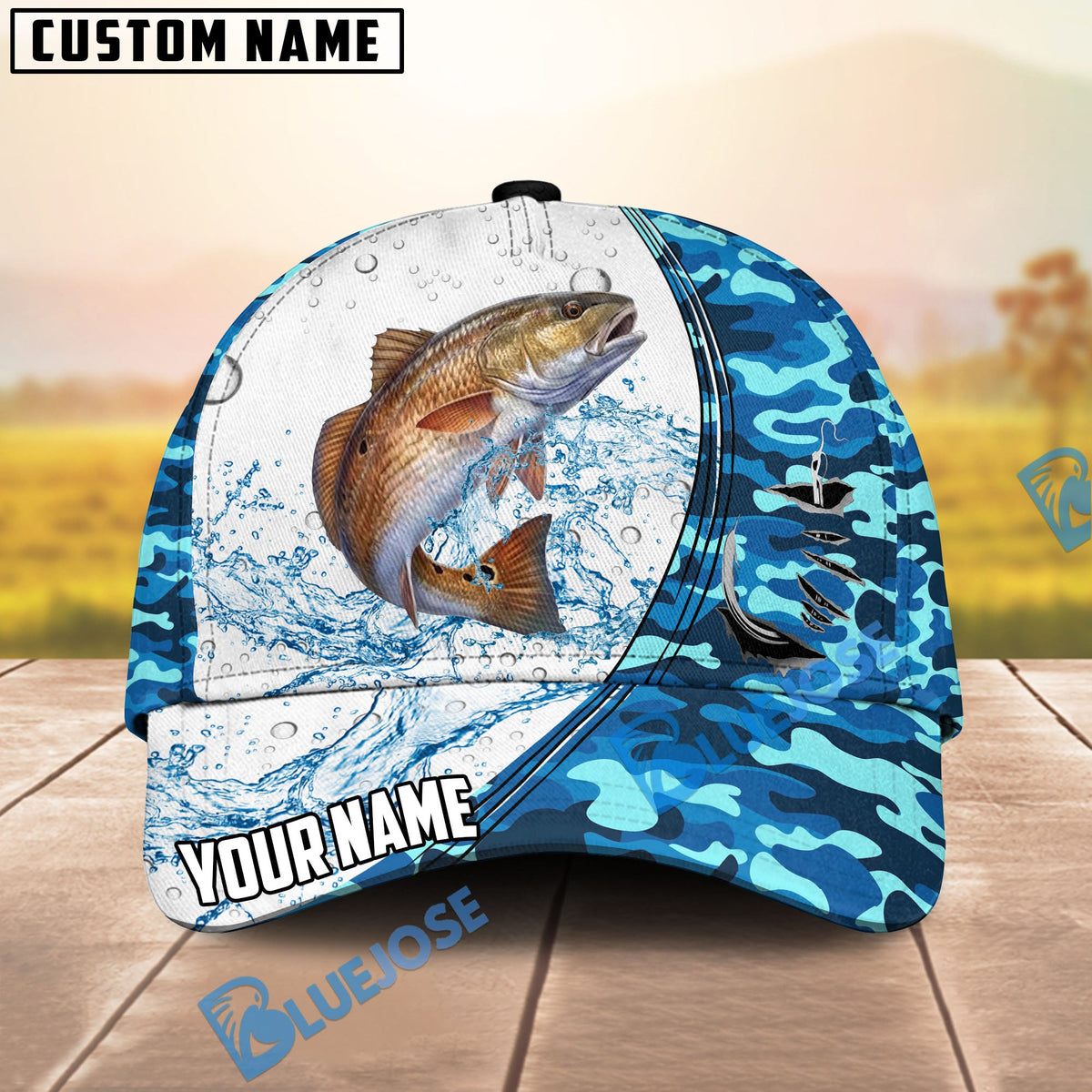 BlueJose Fishing White Blue Camo Circle Splash Personalized Cap (13 Breeds)