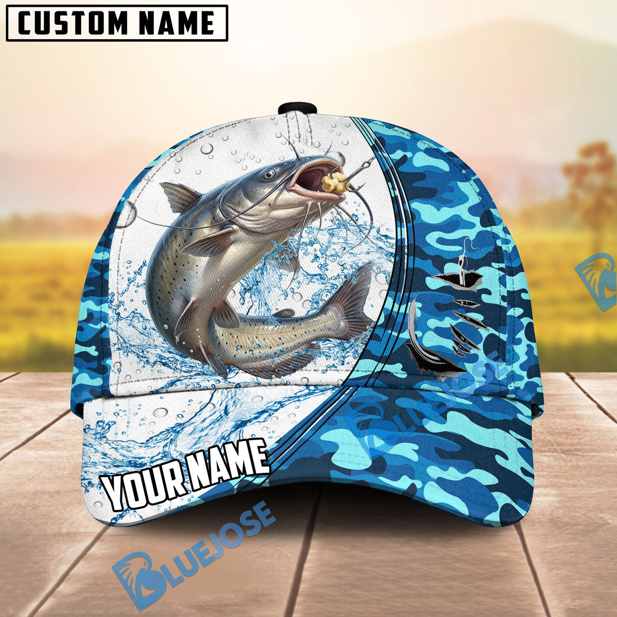 BlueJose Fishing White Blue Camo Circle Splash Personalized Cap (13 Breeds)