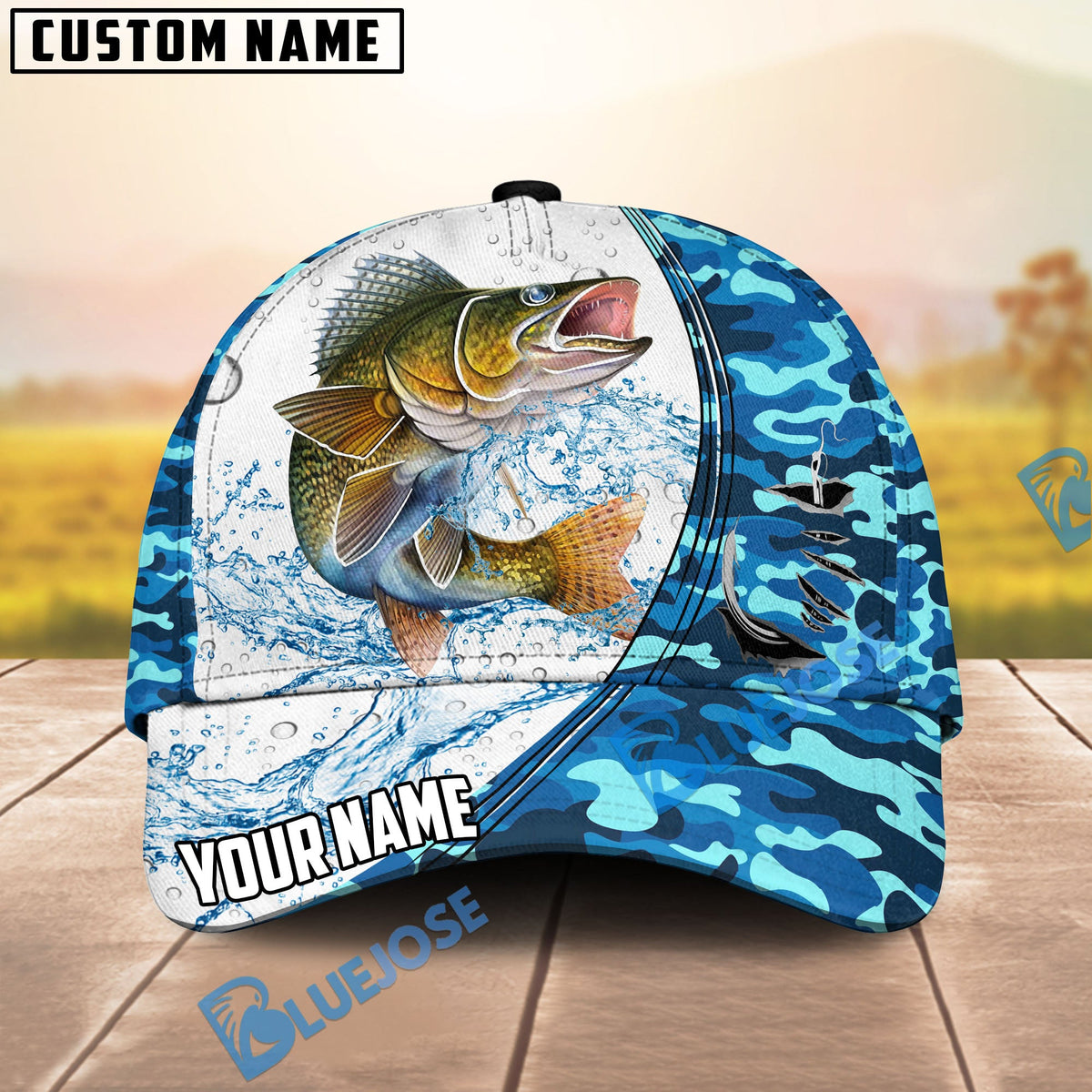 BlueJose Fishing White Blue Camo Circle Splash Personalized Cap (13 Breeds)
