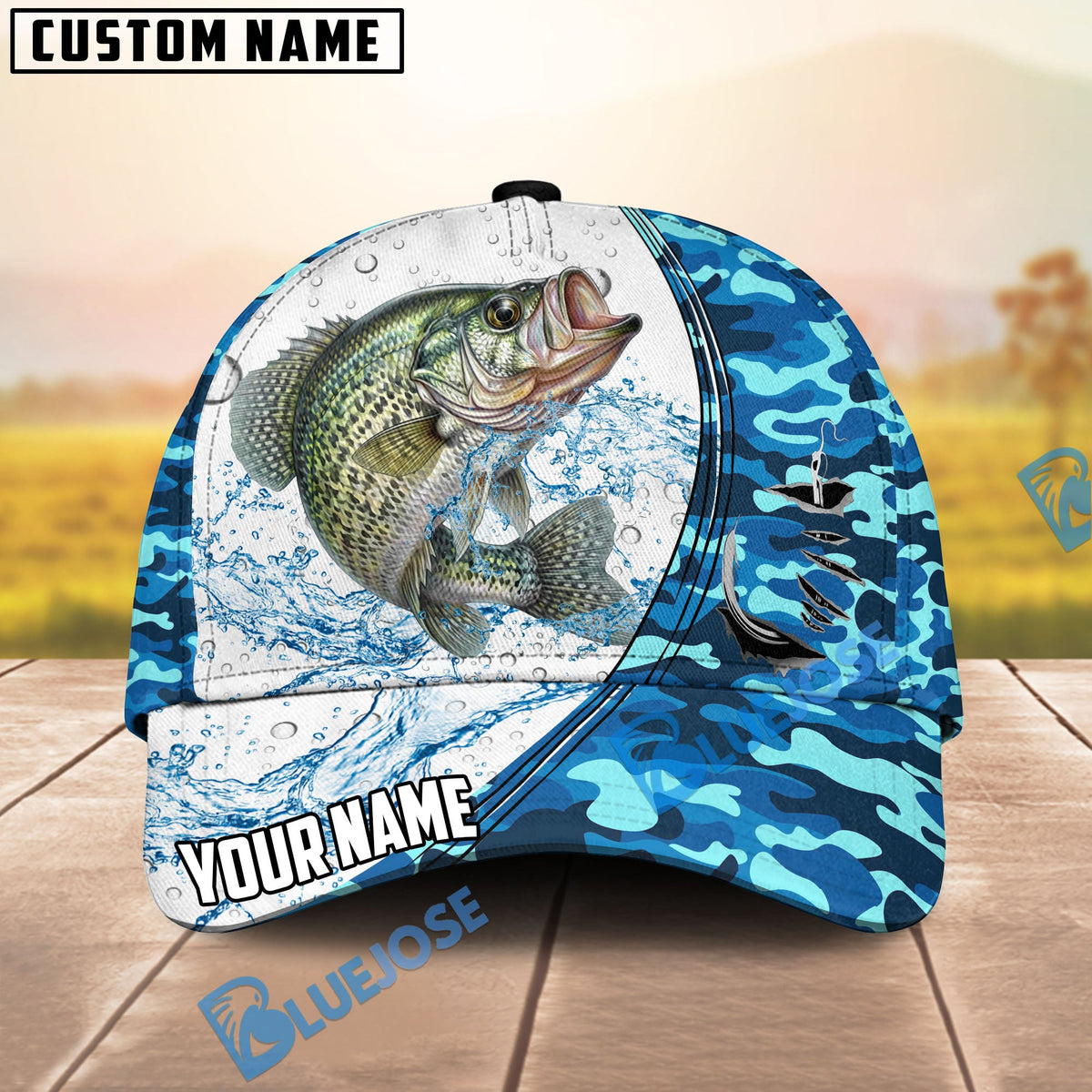 BlueJose Fishing White Blue Camo Circle Splash Personalized Cap (13 Breeds)