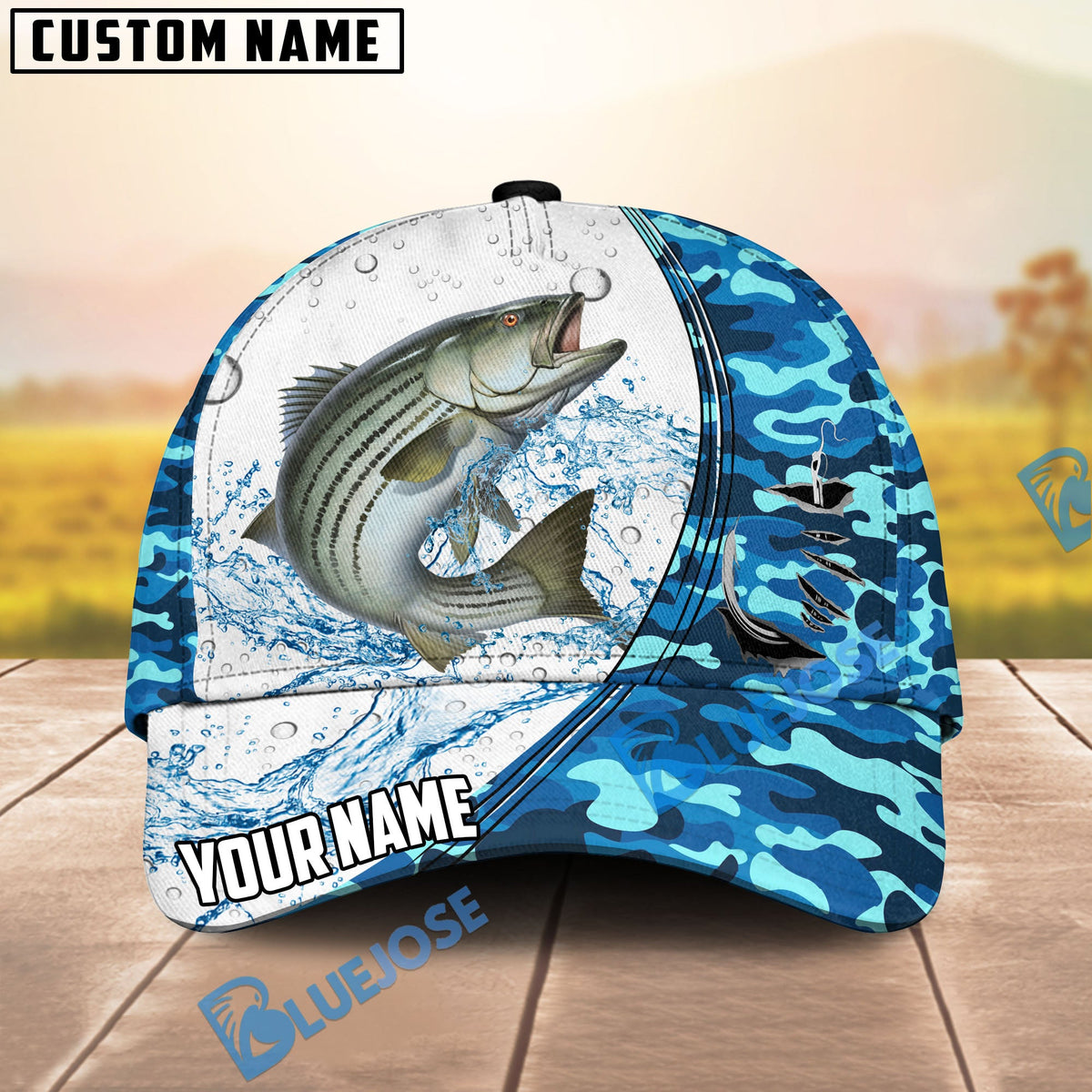 BlueJose Fishing White Blue Camo Circle Splash Personalized Cap (13 Breeds)