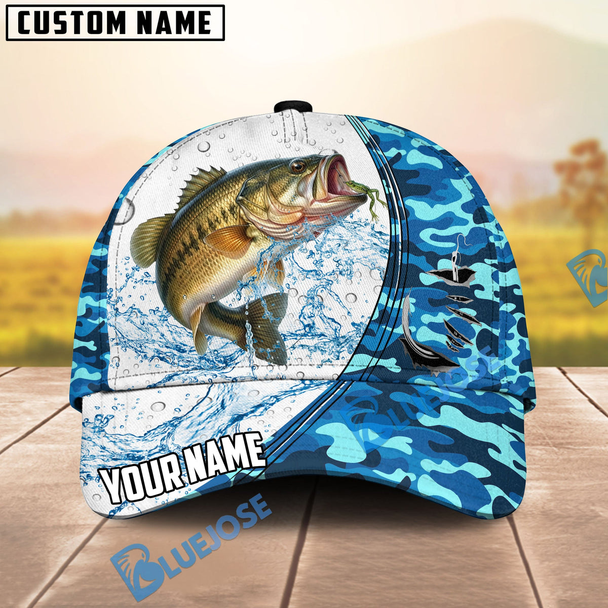 BlueJose Fishing White Blue Camo Circle Splash Personalized Cap (13 Breeds)