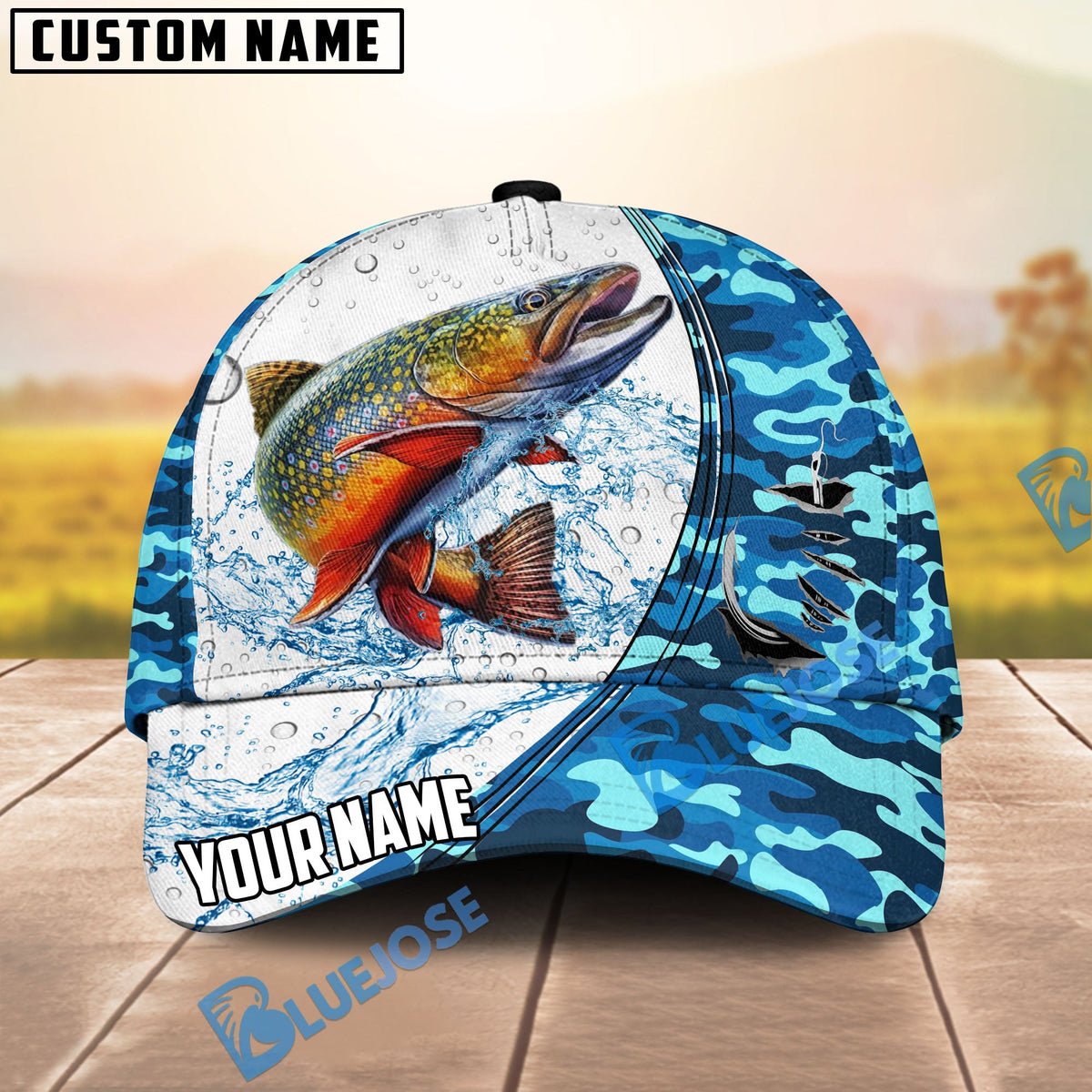 BlueJose Fishing White Blue Camo Circle Splash Personalized Cap (13 Breeds)