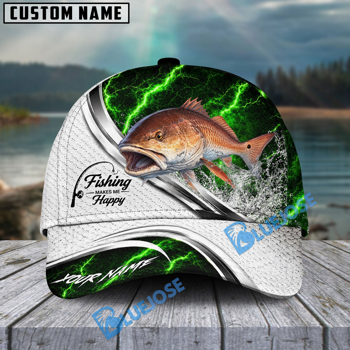 BlueJose Fishing Green Lightning White Scale Water Splash Personalized Cap (13 Breeds)