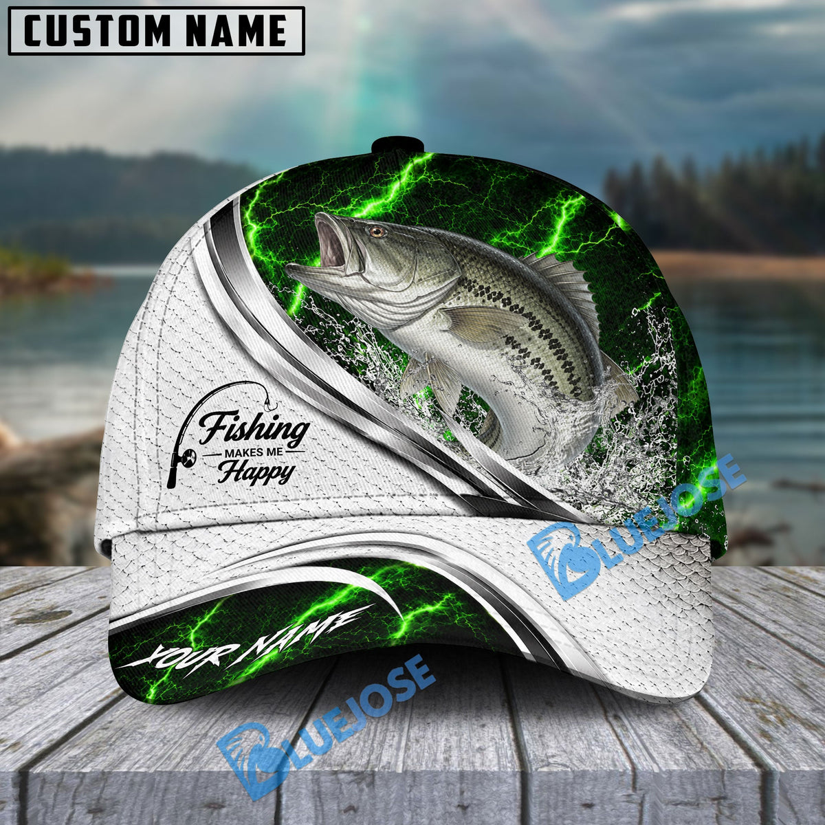 BlueJose Fishing Green Lightning White Scale Water Splash Personalized Cap (13 Breeds)