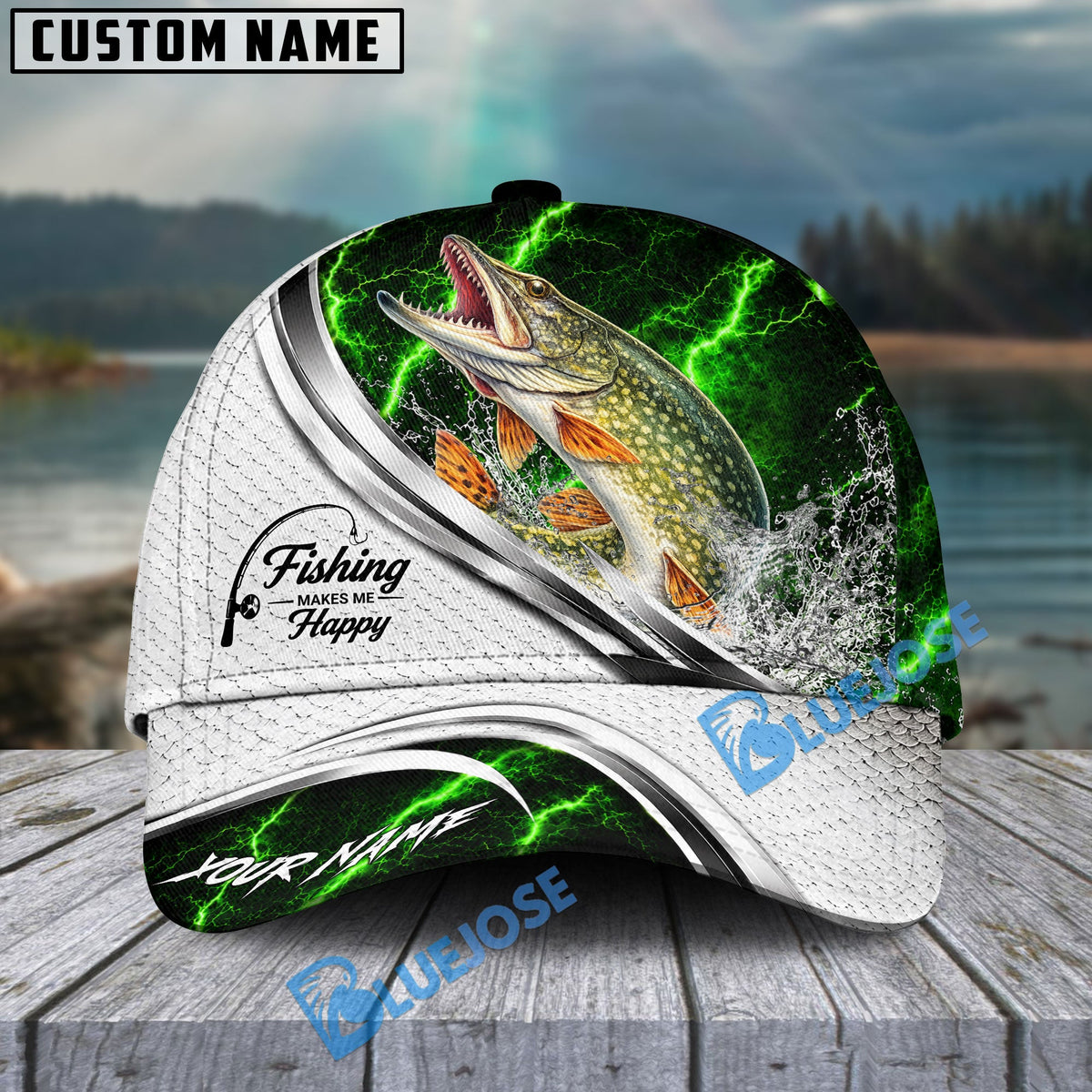 BlueJose Fishing Green Lightning White Scale Water Splash Personalized Cap (13 Breeds)