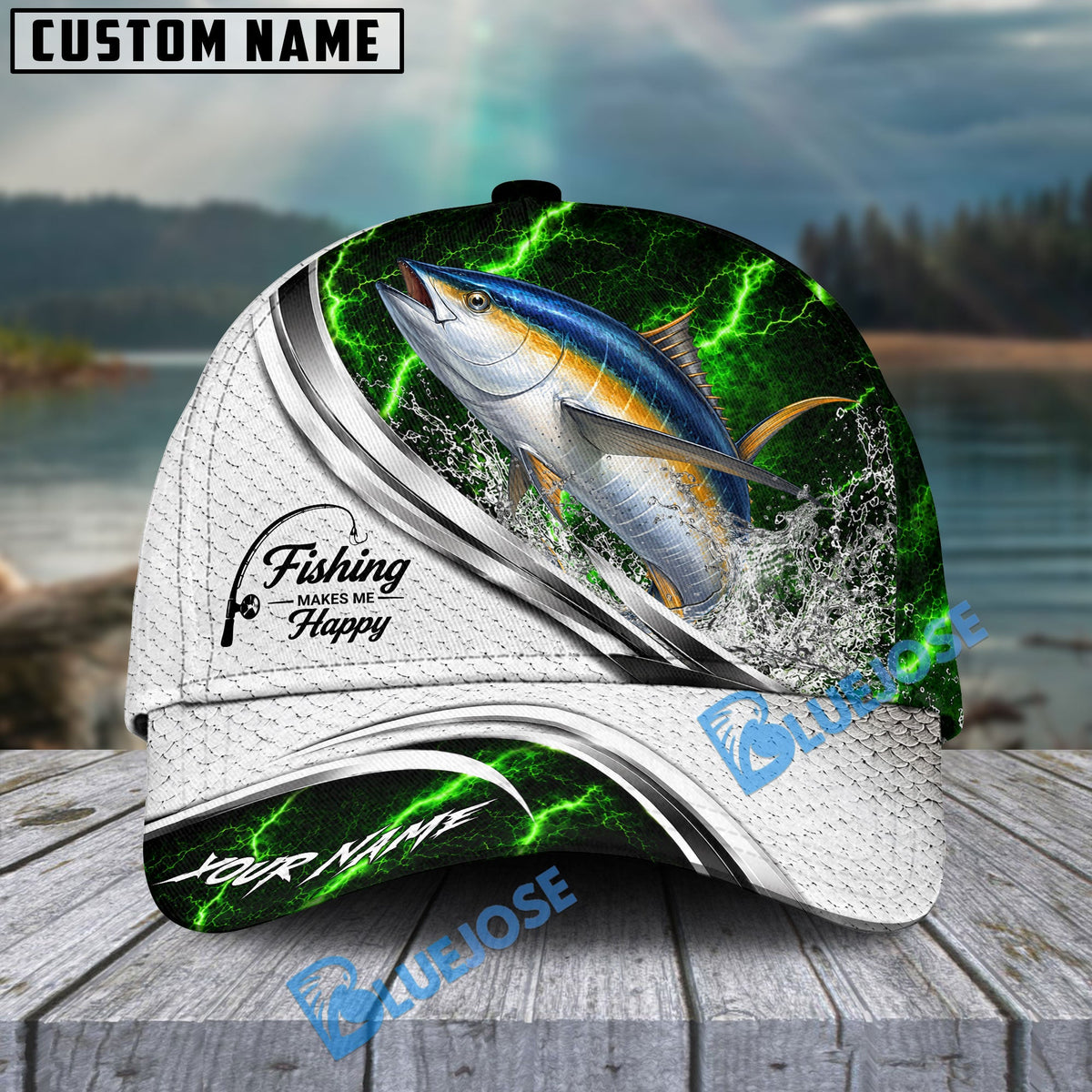 BlueJose Fishing Green Lightning White Scale Water Splash Personalized Cap (13 Breeds)