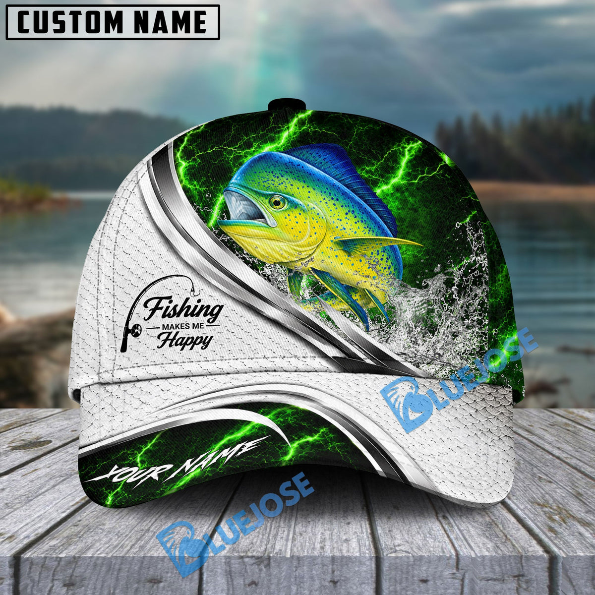 BlueJose Fishing Green Lightning White Scale Water Splash Personalized Cap (13 Breeds)
