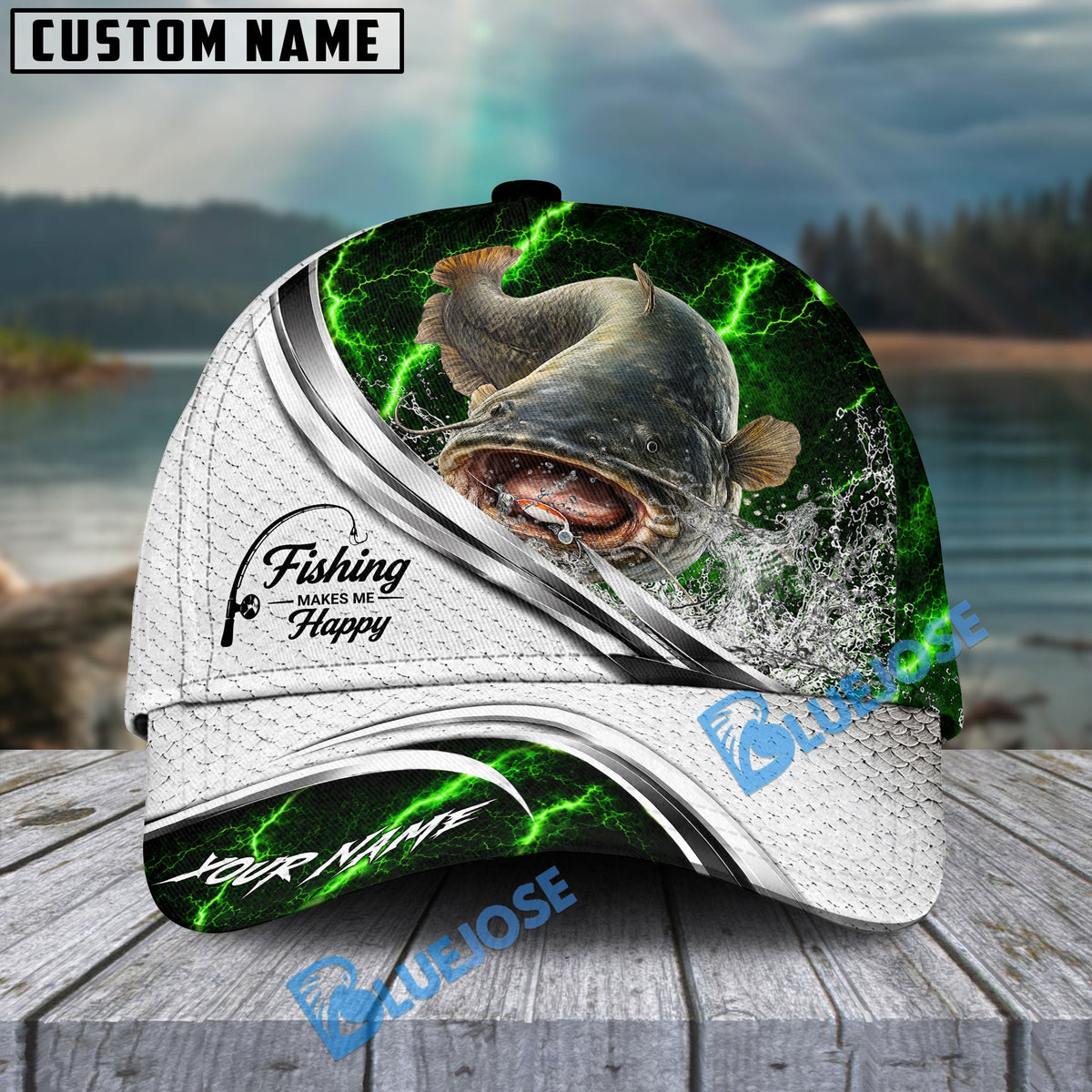 BlueJose Fishing Green Lightning White Scale Water Splash Personalized Cap (13 Breeds)