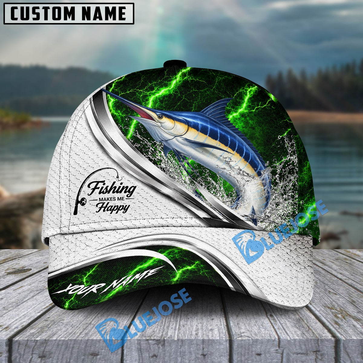 BlueJose Fishing Green Lightning White Scale Water Splash Personalized Cap (13 Breeds)