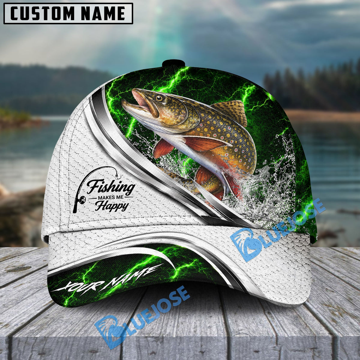 BlueJose Fishing Green Lightning White Scale Water Splash Personalized Cap (13 Breeds)