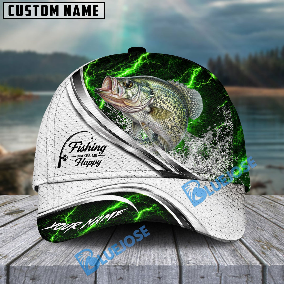 BlueJose Fishing Green Lightning White Scale Water Splash Personalized Cap (13 Breeds)