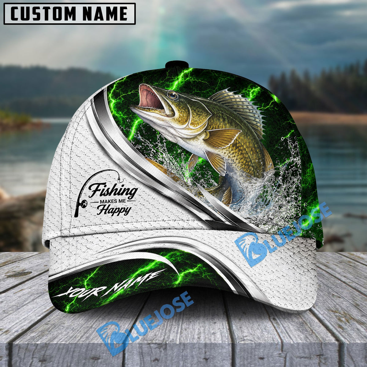BlueJose Fishing Green Lightning White Scale Water Splash Personalized Cap (13 Breeds)