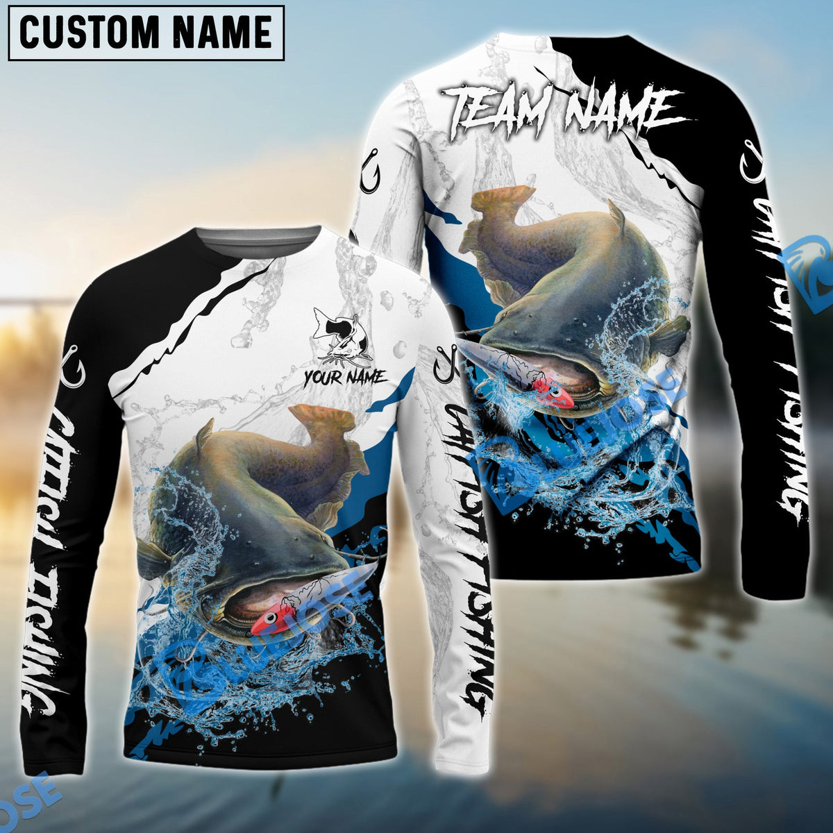 BlueJose Catfish Fishing Black White Water Flow Custom Name & Team Name 3D Shirts