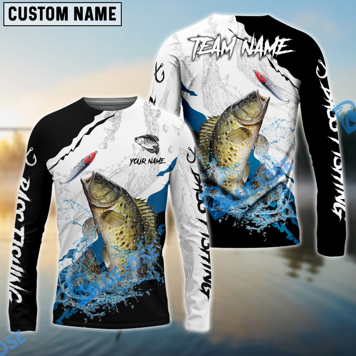 BlueJose Crappie Fishing Black White Water Flow Custom Name & Team Name 3D Shirts