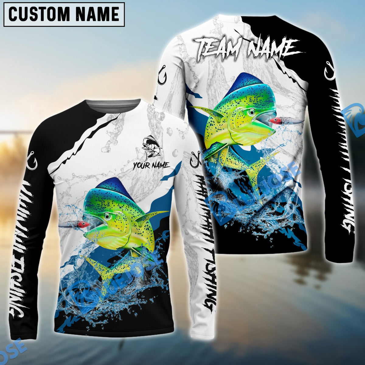 BlueJose Mahi Mahi Fishing Black White Water Flow Custom Name & Team Name 3D Shirts
