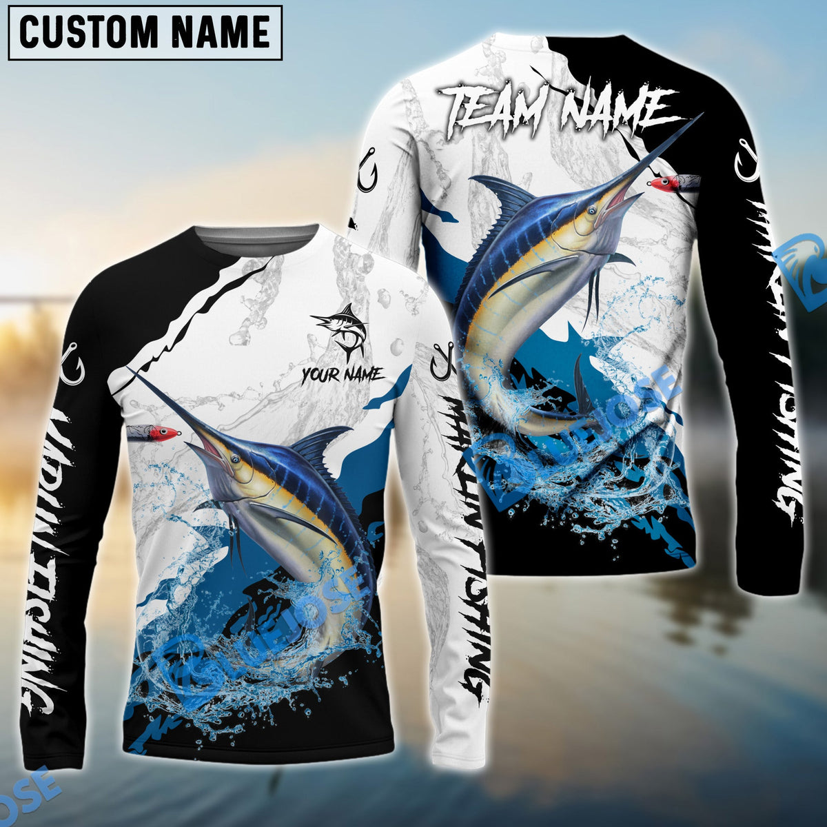 BlueJose Marlin Fishing Black White Water Flow Custom Name & Team Name 3D Shirts