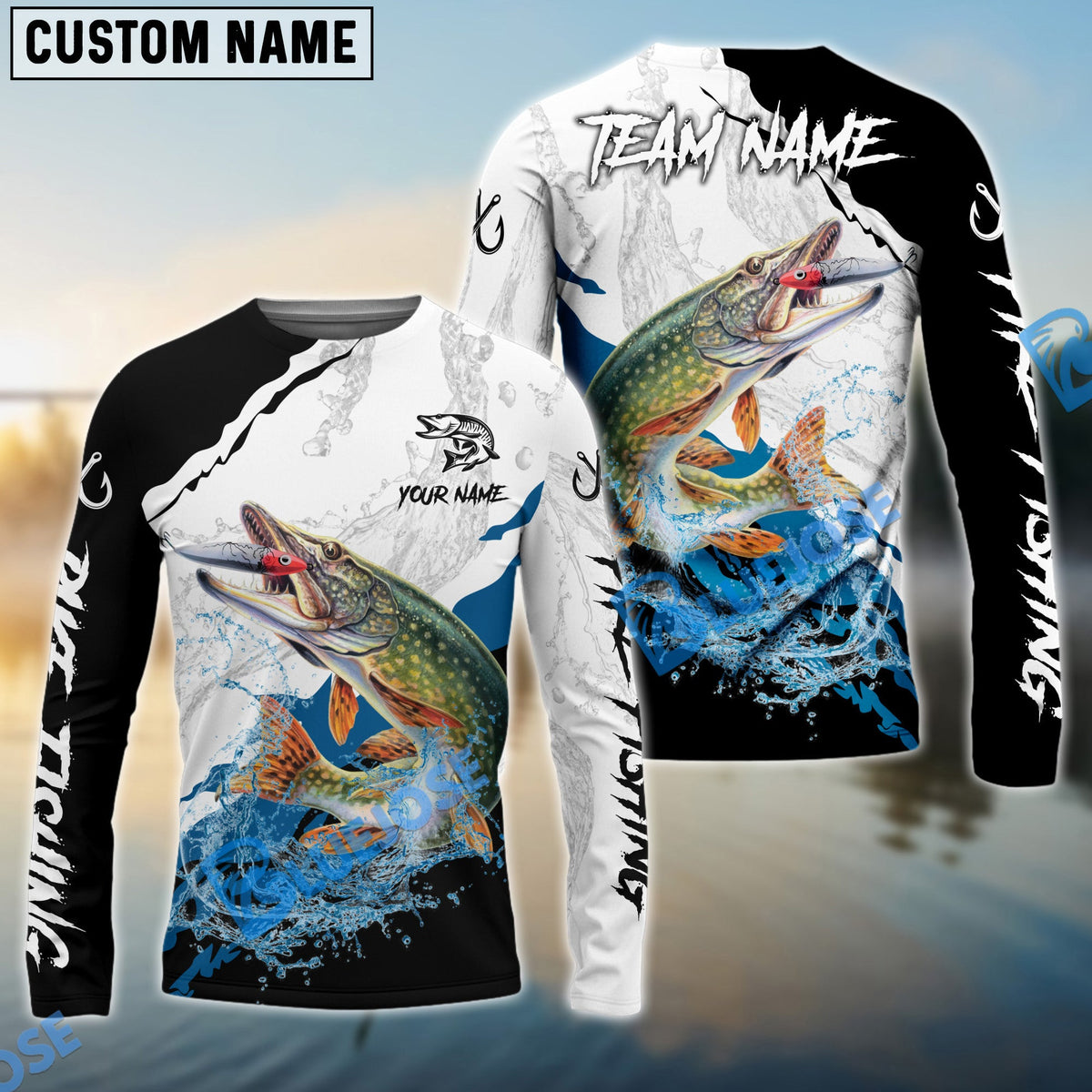 BlueJose Pike Fishing Black White Water Flow Custom Name & Team Name 3D Shirts