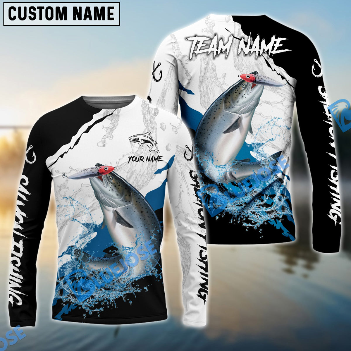 BlueJose Salmon Fishing Black White Water Flow Custom Name & Team Name 3D Shirts
