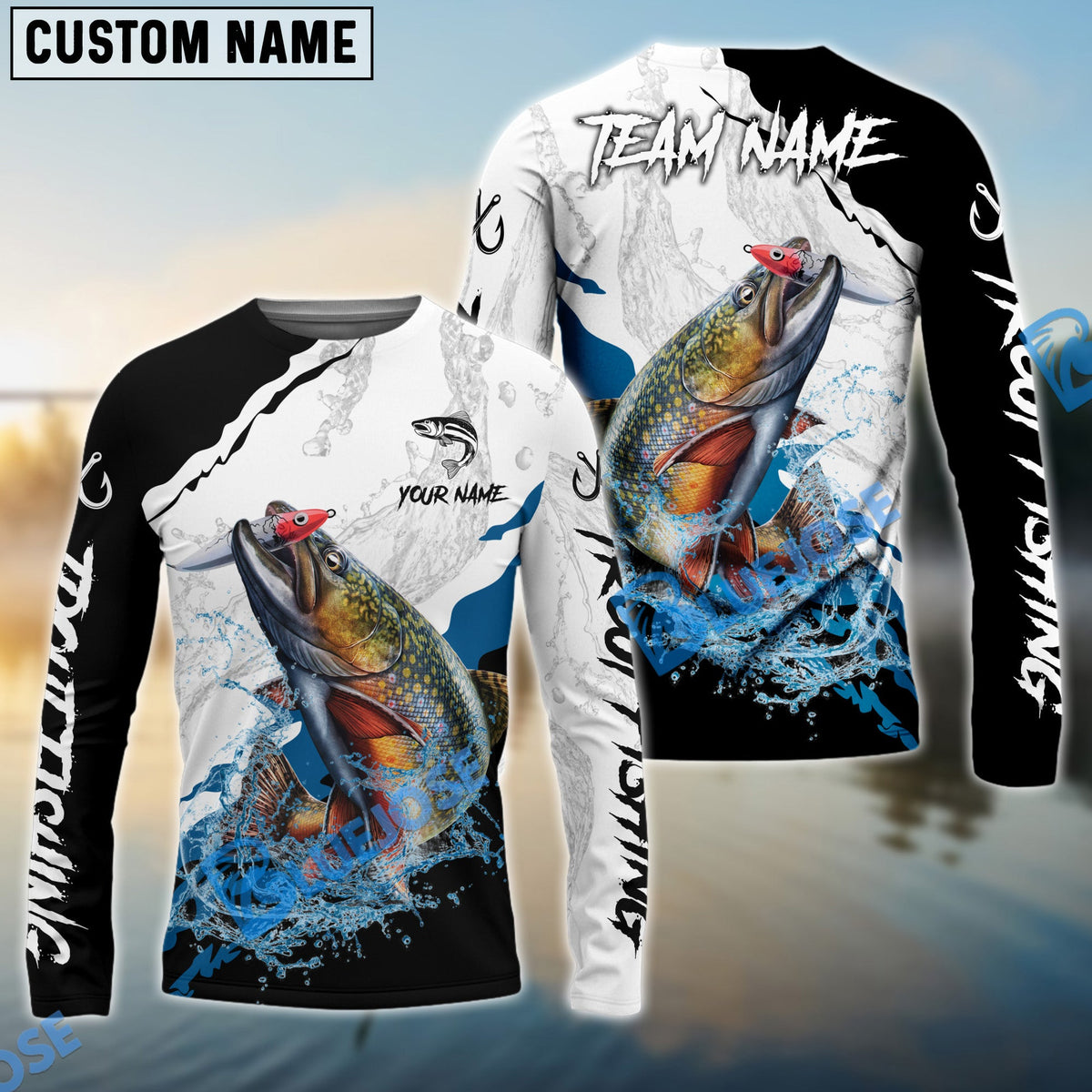BlueJose Trout Fishing Black White Water Flow Custom Name & Team Name 3D Shirts