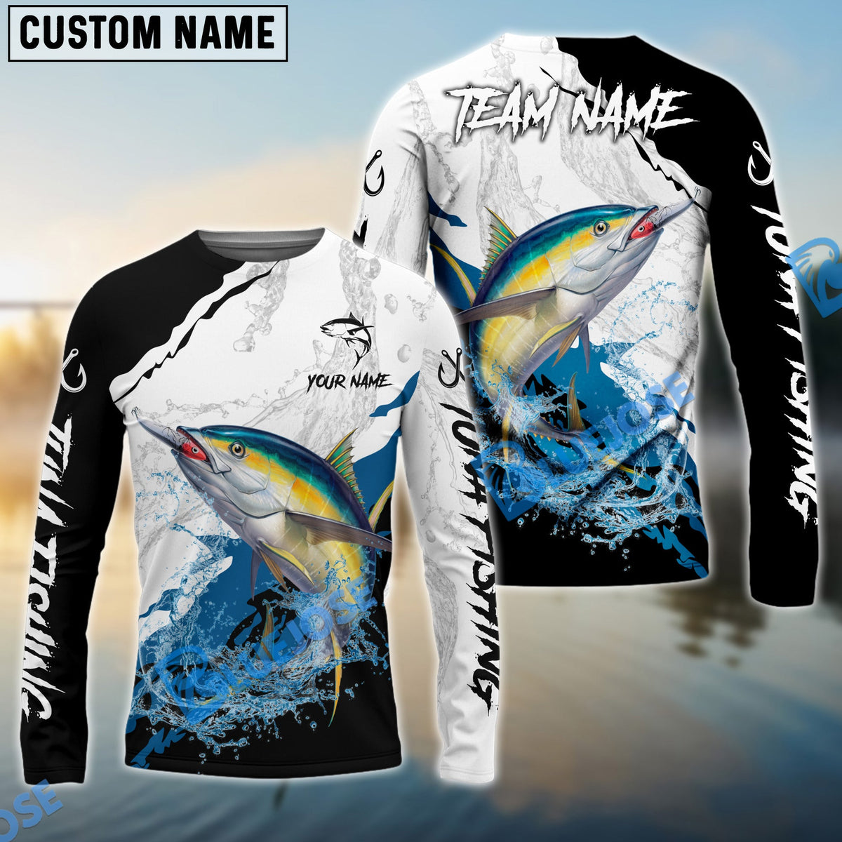 BlueJose Tuna Fishing Black White Water Flow Custom Name & Team Name 3D Shirts