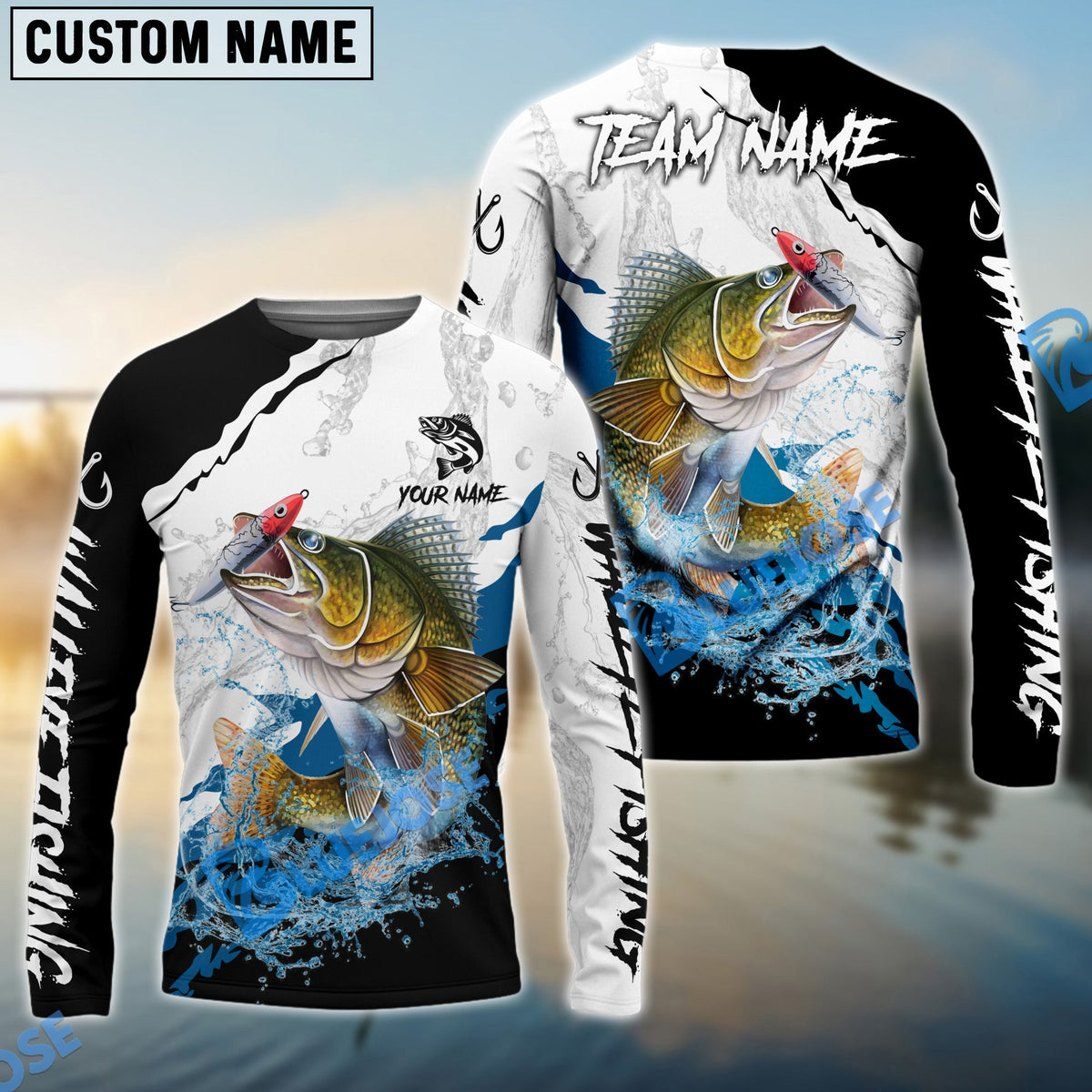 BlueJose Walleye Fishing Black White Water Flow Custom Name & Team Name 3D Shirts