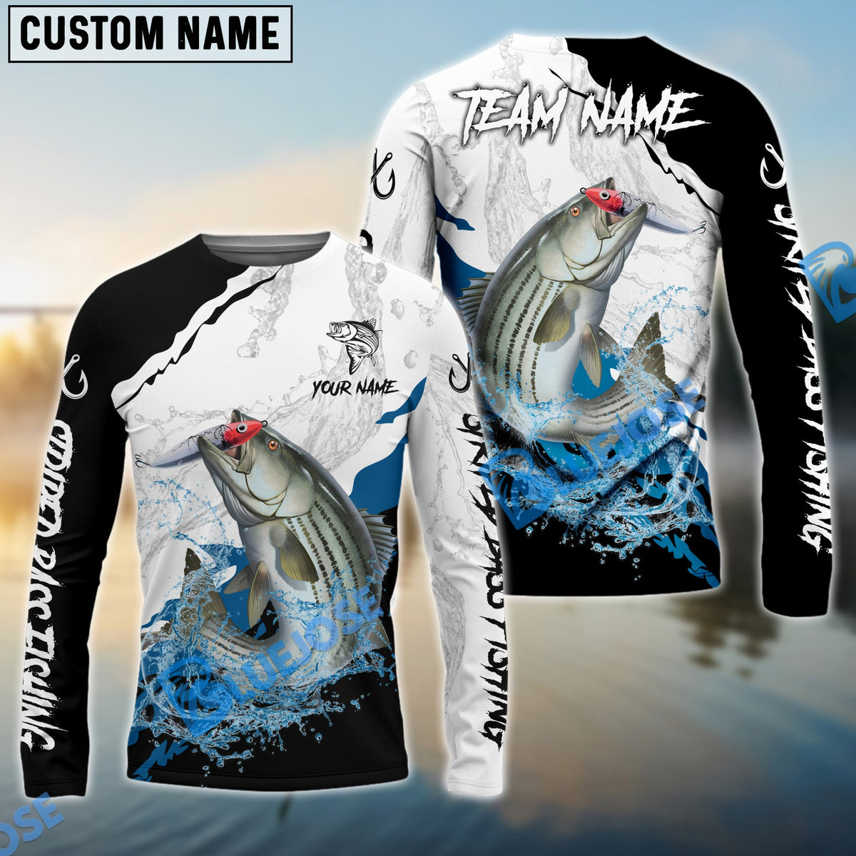 BlueJose Striped Bass Fishing Black White Water Flow Custom Name & Team Name 3D Shirts