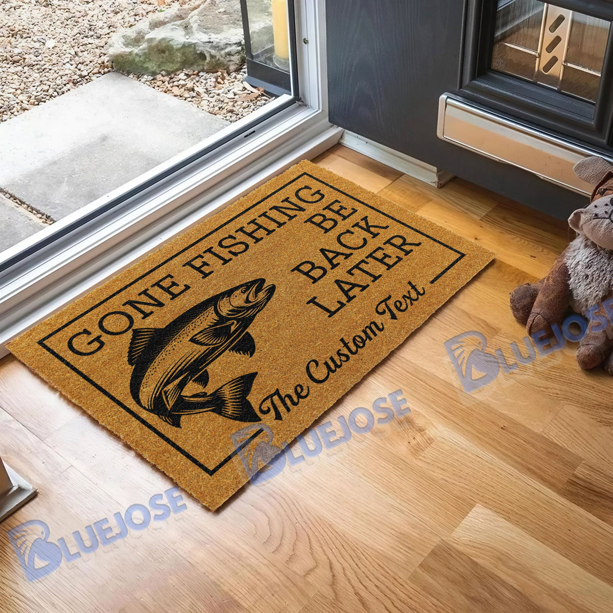 BlueJose Gone Fishing Be Back Later Salmon Fishing Custom Name Coir Doormat
