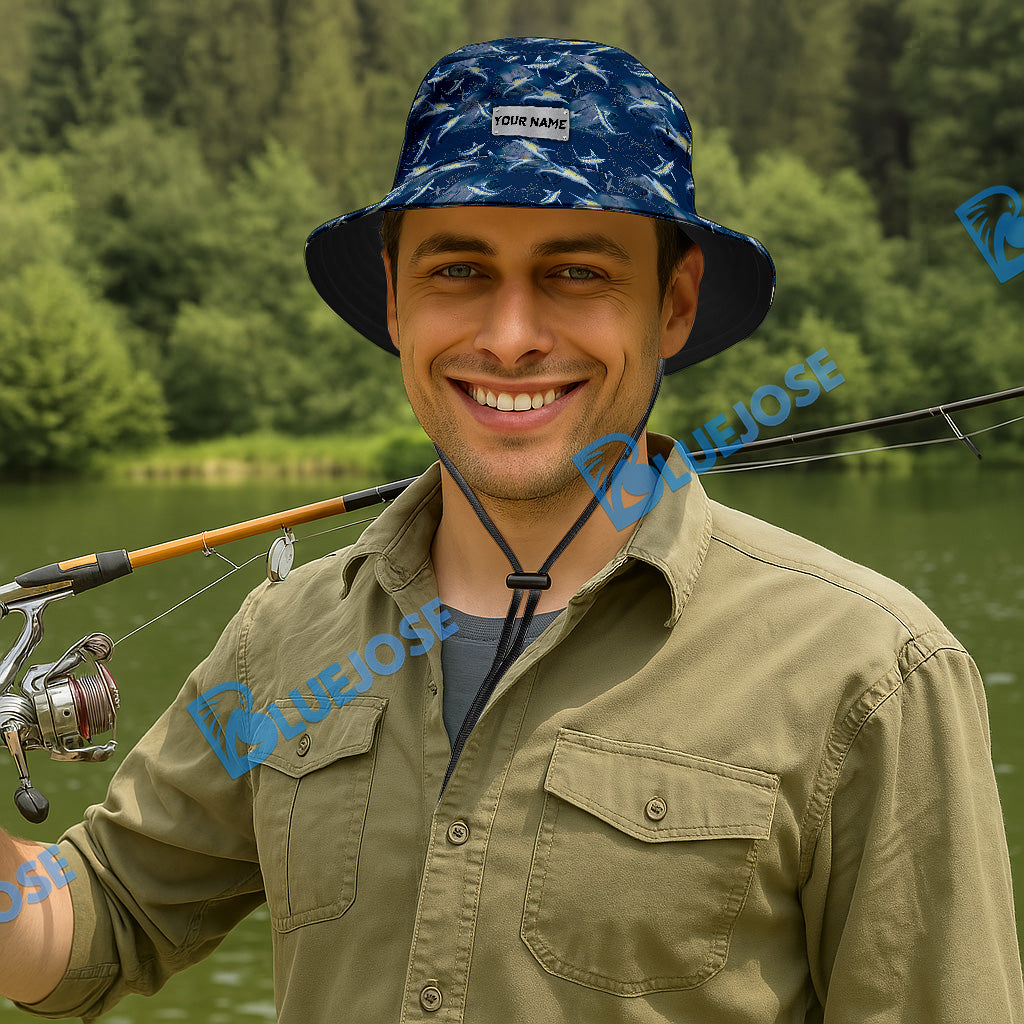 BlueJose Marlin Fish Pattern Custom Name Bucket Hat