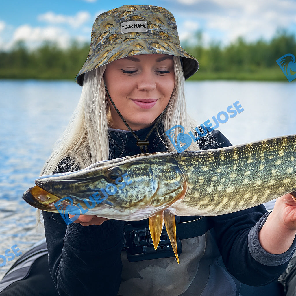 BlueJose Walleye Fish Pattern Custom Name Bucket Hat
