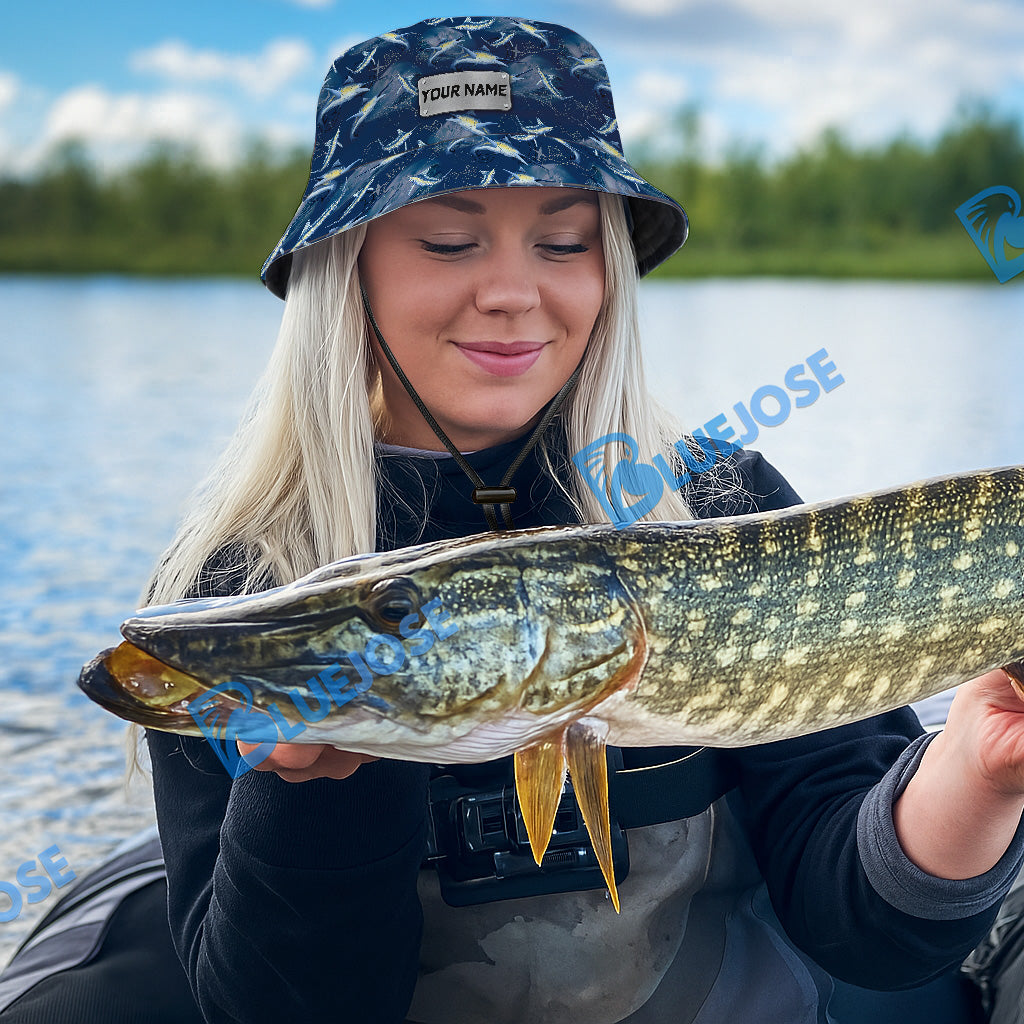 BlueJose Marlin Fish Pattern Custom Name Bucket Hat
