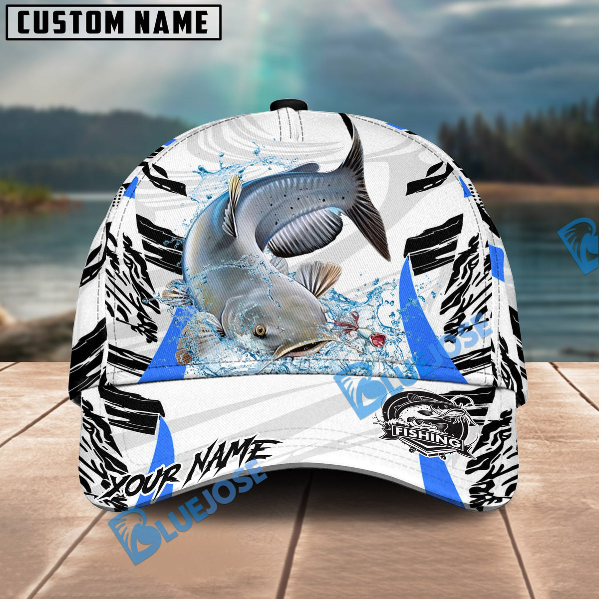 BlueJose Fishing White Black Curve Pattern Design Personalized Cap (13 Breeds)