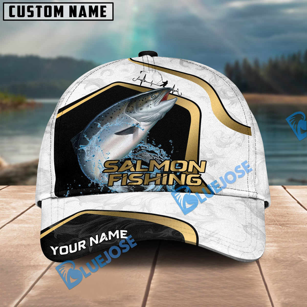 BlueJose Fishing White Marble & Gold Trim Splash Heartbeat Line Personalized Cap (13 Breeds)