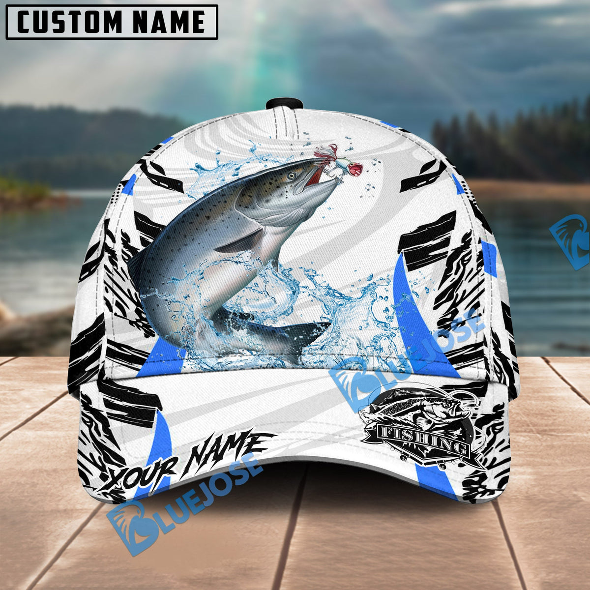 BlueJose Fishing White Black Curve Pattern Design Personalized Cap (13 Breeds)
