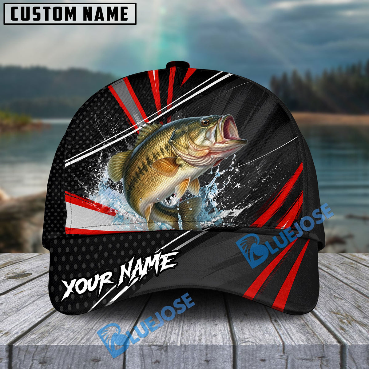 BlueJose Fishing Red White Tornado Graphic Personalized Name Classic 3D Cap (13 Breeds)